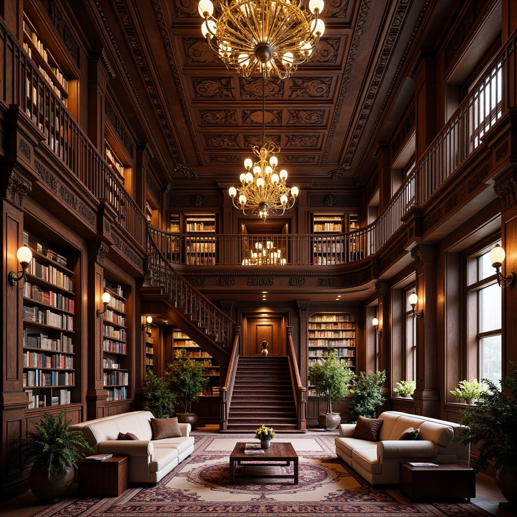 Prompt: Richly ornamented library interior, grandiose chandeliers, polished wooden shelves, leather-bound books, soft warm lighting, comfortable reading nooks, plush carpets, intricate stone carvings, ornate metalwork, lavish furnishings, elegant typography, subtle wood grain textures, classic architectural details, high ceilings, dramatic staircases, serene atmosphere, 1/1 composition, shallow depth of field, realistic materials, ambient occlusion.