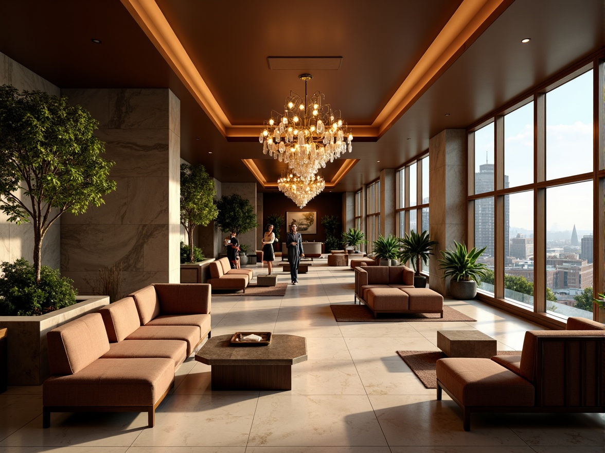 Prompt: Cozy hotel lobby, warm earthy tones, plush sofas, elegant chandeliers, polished marble floors, sleek modern reception desk, comfortable seating areas, lush greenery, natural stone walls, soft ambient lighting, 1/1 composition, intimate atmosphere, refined textures, subtle color palette, luxurious fabrics, minimalist decor, spacious corridors, sound-absorbing materials, panoramic city views, floor-to-ceiling windows.