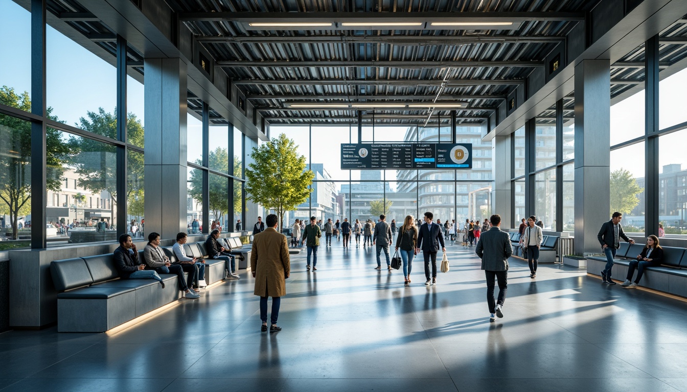 Prompt: Modern metro station interior, sleek glass walls, stainless steel handrails, efficient passenger flow, clear signage, intuitive wayfinding, ample natural light, airy atmosphere, minimalist seating areas, durable flooring materials, urban city vibe, rush hour crowd simulation, realistic pedestrian traffic flow, shallow depth of field, 2/3 composition, softbox lighting, vibrant color scheme, futuristic design elements.