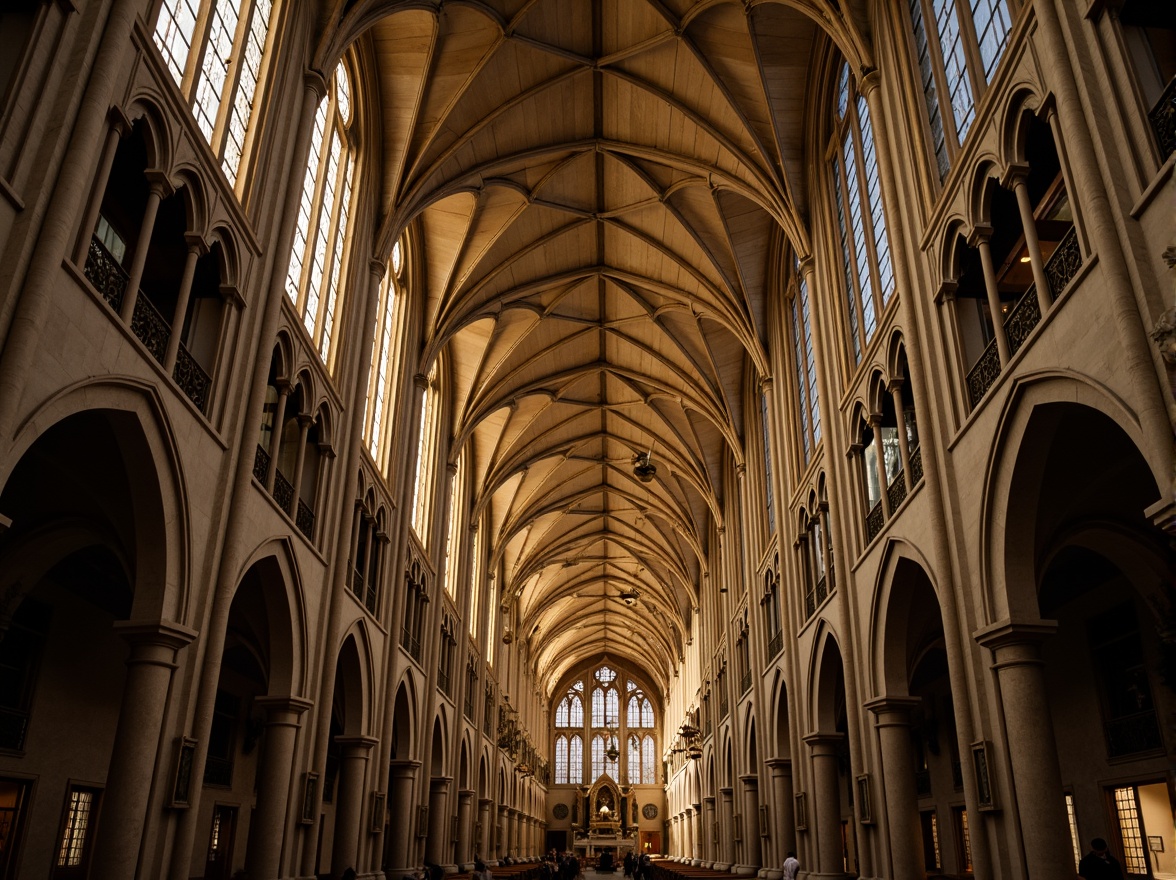 Prompt: Ornate Gothic cathedral, towering spires, grandiose flying buttresses, ribbed vaulted ceilings, stained glass windows, intricate stone carvings, pointed arches, dramatic verticality, mystical ambiance, warm golden lighting, soft misty atmosphere, atmospheric perspective, 1/2 composition, cinematic framing, detailed textures, subtle ambient occlusion.