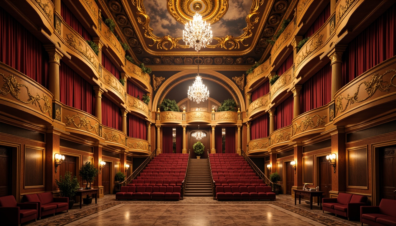 Prompt: Grand auditorium, ornate Renaissance Revival architecture, intricately carved wooden accents, gilded details, velvet drapes, crystal chandeliers, marble flooring, ornamental columns, frescoed ceilings, sweeping staircases, intricate moldings, luxurious fabrics, rich jewel-toned colors, warm golden lighting, dramatic spotlights, 3-point composition, low-angle shot, atmospheric perspective, highly detailed textures, subtle ambient occlusion.