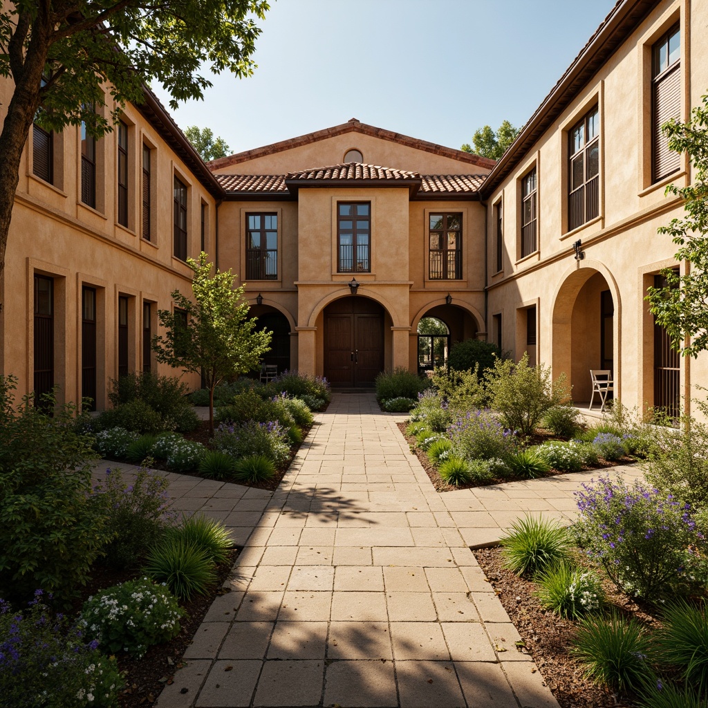 Prompt: Rustic school building, warm beige stone walls, arched windows, ornate carvings, vaulted ceilings, grand entrance, heavy wooden doors, wrought iron gates, lush green courtyards, vibrant flowerbeds, natural stone pathways, earthy color scheme, soft warm lighting, shallow depth of field, 3/4 composition, panoramic view, realistic textures, ambient occlusion.