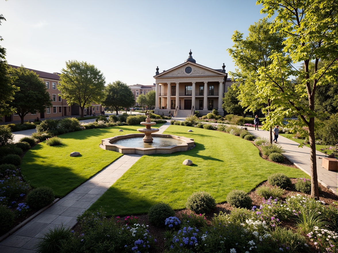 Prompt: Manicured lawns, ornate fountains, blooming flower beds, mature trees, granite walkways, classical courthouse buildings, Corinthian columns, symmetrical facades, rusticated bases, pedimented roofs, bronze statues, intricate stone carvings, vibrant seasonal plants, sunny afternoon, soft warm lighting, shallow depth of field, 3/4 composition, panoramic view, realistic textures, ambient occlusion.