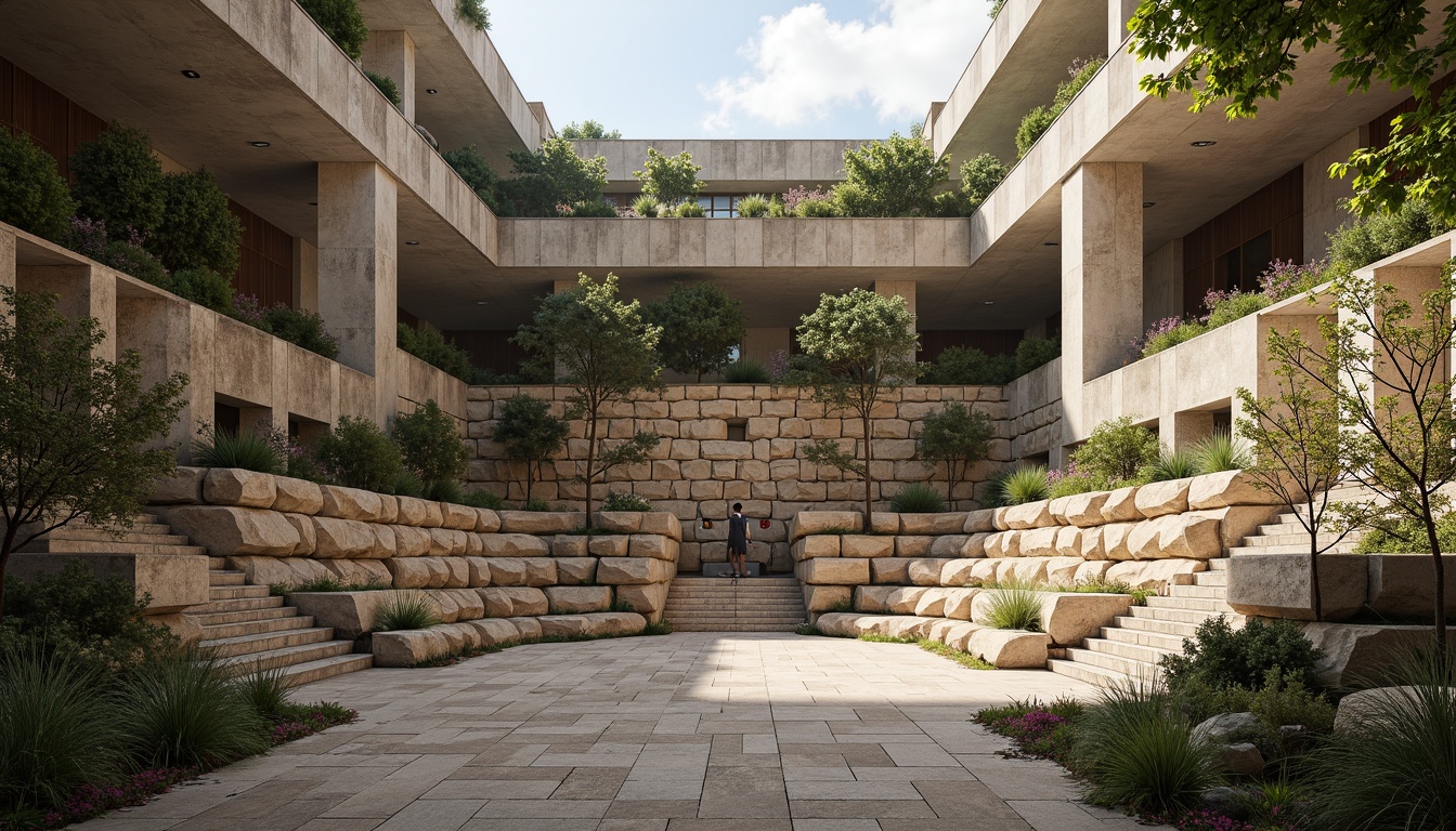 Prompt: Rugged amphitheater, brutalist architecture, raw concrete structures, imposing stairs, angular lines, natural stone walls, earthy tones, abundant greenery, lush vegetation, warm sunlight, soft shadows, high ceilings, open spaces, minimal ornamentation, functional design, harsh textures, dramatic lighting, intense contrast, 1/1 composition, symmetrical framing, realistic rendering.