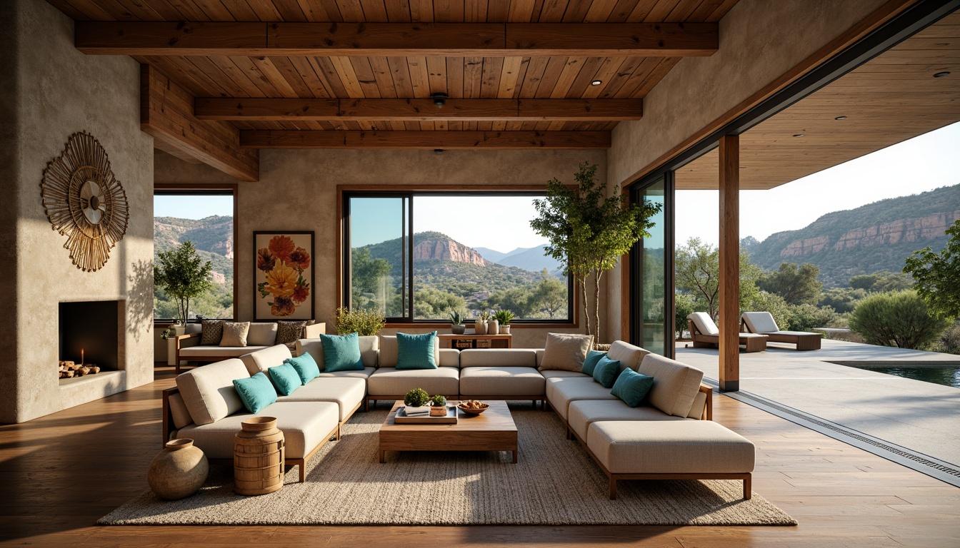 Prompt: Rustic canyon-inspired interior, earthy tones, natural stone walls, wooden beam ceilings, spacious open-plan living areas, floor-to-ceiling windows, panoramic views of canyon landscapes, cozy fireplaces, plush sectional sofas, woven textiles, reclaimed wood furniture, industrial-chic metal accents, warm ambient lighting, shallow depth of field, 1/1 composition, realistic textures, ambient occlusion, Southwestern-inspired patterns, vibrant turquoise accents.