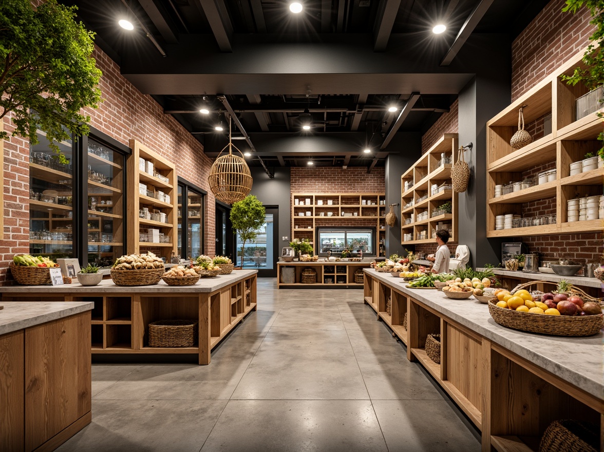 Prompt: Exposed brick walls, polished concrete floors, reclaimed wood shelves, industrial metal beams, natural stone countertops, earthy color palette, organic produce displays, woven rattan baskets, ceramic tiles, rustic wooden crates, hanging greenery, soft warm lighting, shallow depth of field, 3/4 composition, realistic textures, ambient occlusion.