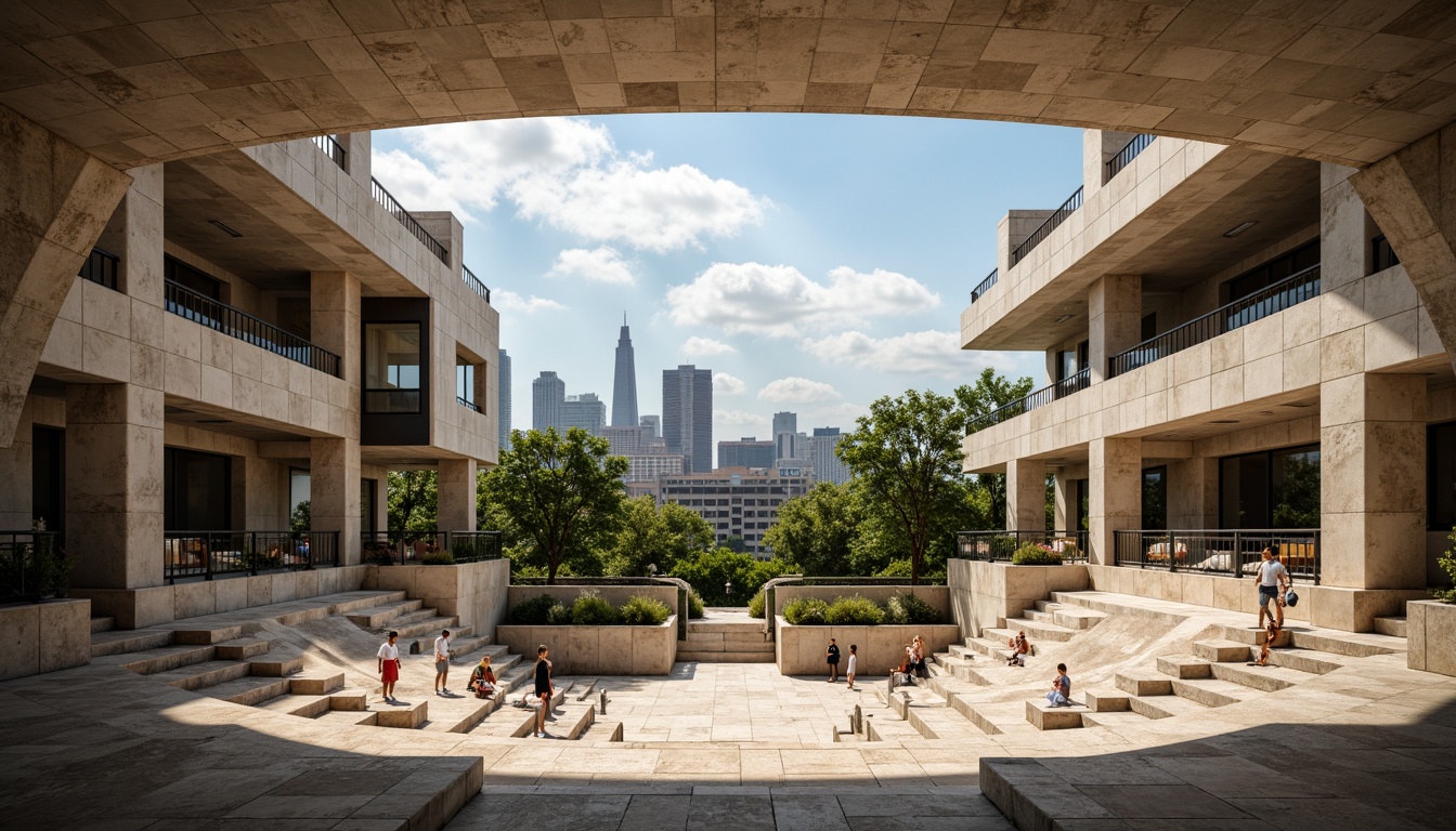 Prompt: Rugged amphitheater, brutalist architecture, raw concrete walls, natural stone seating, cantilevered roofs, dramatic shadows, warm sunny day, soft diffused lighting, high ceilings, grand staircases, minimalist design, industrial materials, exposed ductwork, urban landscape, city skyline views, bold geometric forms, harsh textures, atmospheric perspective, 1/1 composition, cinematic mood, realistic rendering.