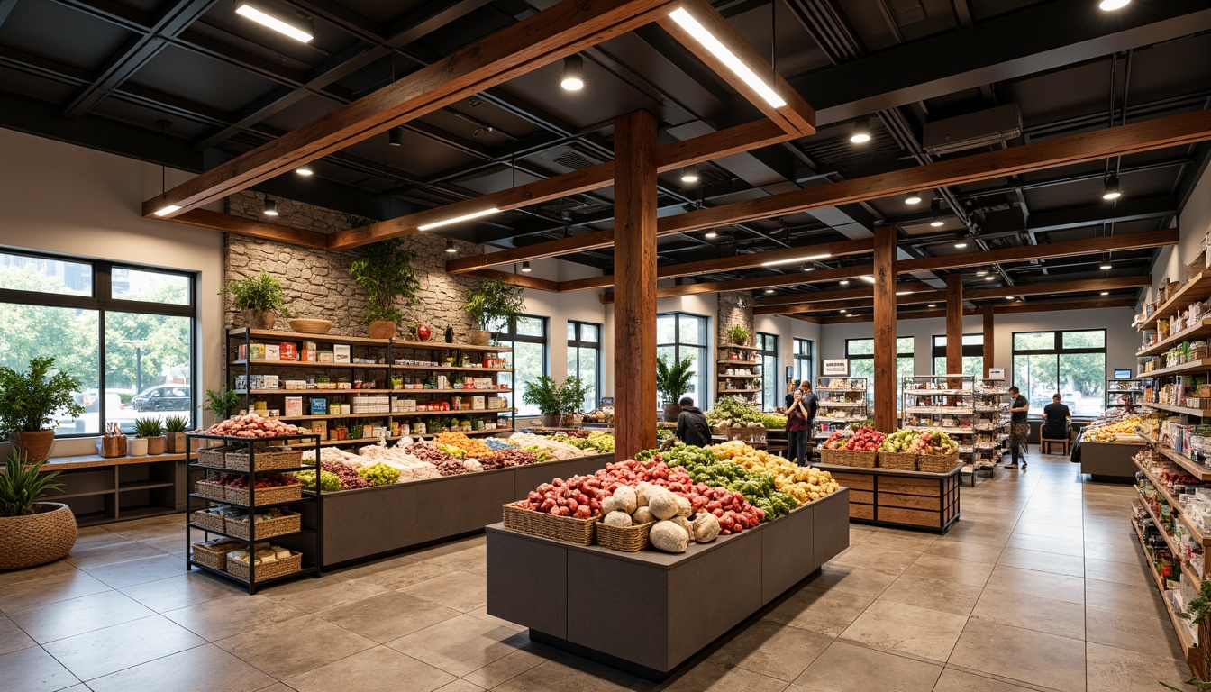 Prompt: Modern grocery store interior, open floor plan, natural stone flooring, wooden shelves, metal racks, abundant lighting, vibrant product displays, fresh produce stands, meat and seafood counters, dairy and bakery sections, convenient checkout lanes, electronic payment systems, comfortable shopping atmosphere, soft background music, warm color scheme, 1/1 composition, realistic textures, ambient occlusion.