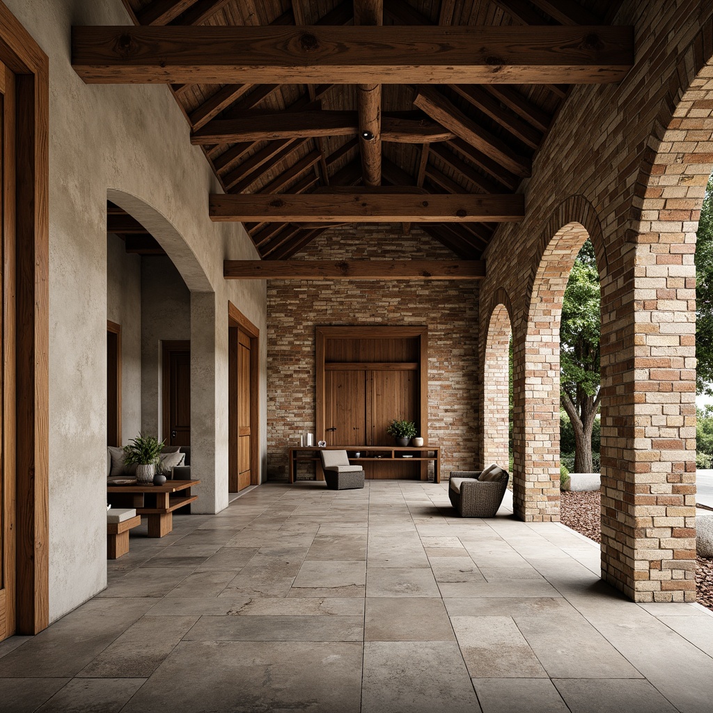 Prompt: Rustic wooden accents, weathered stone walls, distressed metal panels, rough-hewn concrete floors, tactile brick exteriors, organic earthy tones, natural material blends, intricate stonework patterns, ambient occlusion, realistic surface imperfections, warm inviting lighting, shallow depth of field, 3/4 composition, panoramic view.