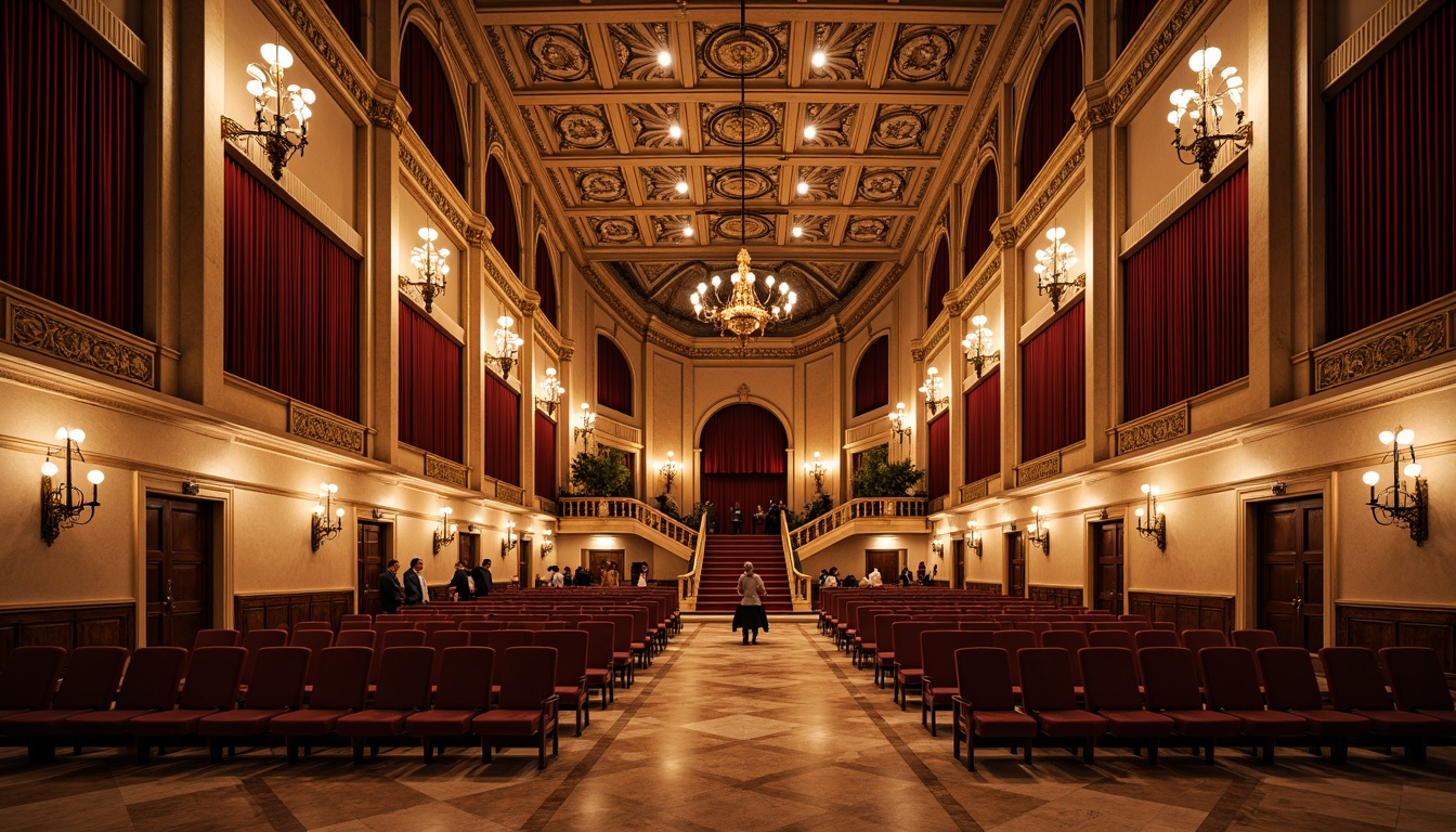 Prompt: Grand concert hall, ornate Renaissance-style arches, intricately carved wooden panels, polished marble floors, gilded accents, majestic high ceilings, sweeping staircases, luxurious velvet drapes, ornamental chandeliers, state-of-the-art sound systems, precision-tuned acoustics, warm golden lighting, shallow depth of field, 1/2 composition, dramatic shadows, realistic textures, ambient occlusion.