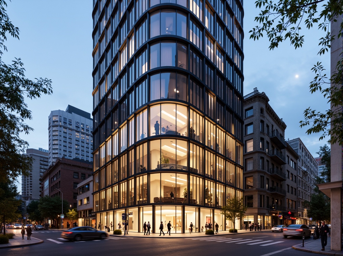 Prompt: Modern international style hotel facade, sleek glass curtain walls, metallic frames, minimalist ornamentation, neutral color palette, geometric patterns, rectangular shapes, clean lines, urban cityscape, busy streets, upscale neighborhood, evening ambient lighting, warm golden glow, shallow depth of field, 2/3 composition, symmetrical balance, realist textures, subtle reflections.