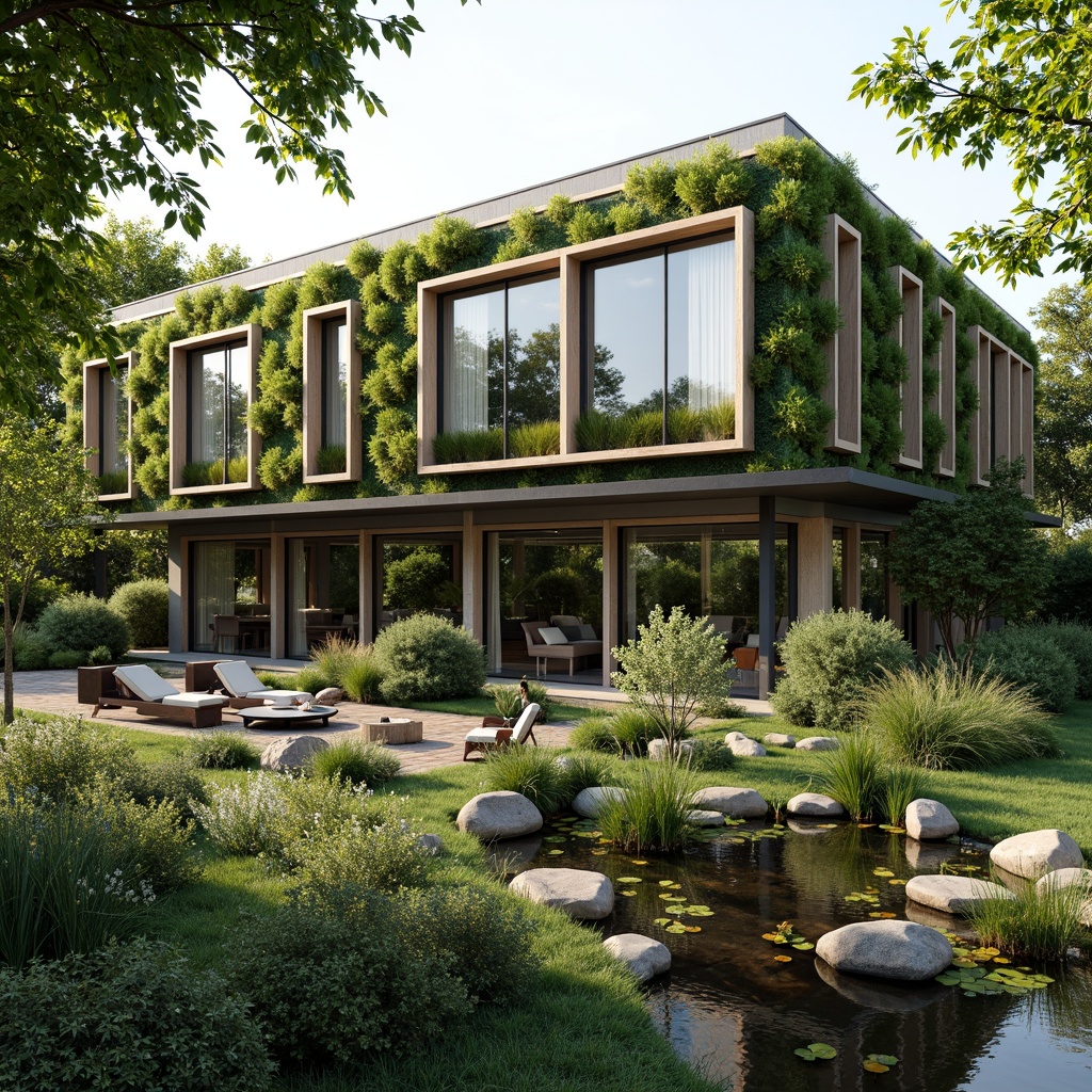 Prompt: Eco-friendly building, living walls, green roofs, solar panels, rainwater harvesting systems, natural ventilation, large windows, minimal carbon footprint, sustainable materials, recycled wood accents, energy-efficient appliances, organic gardens, serene water features, small ponds, native plant species, calm atmosphere, soft natural lighting, shallow depth of field, 1/1 composition, realistic textures, ambient occlusion.