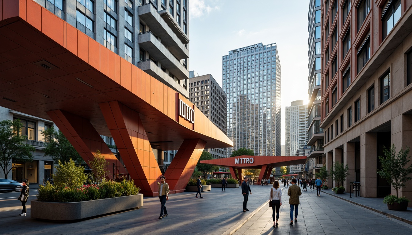 Prompt: Angular metro station facade, constructivist architecture style, geometric shapes, bold lines, vibrant primary colors, metallic materials, industrial textures, urban cityscape, busy street scene, morning rush hour, soft natural light, shallow depth of field, 1/2 composition, dynamic camera angles, realistic reflections, ambient occlusion.