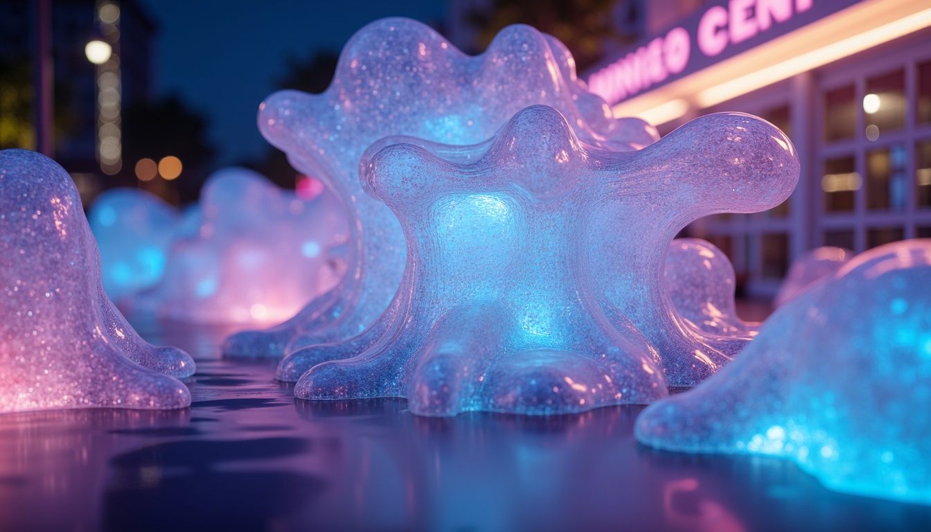 Prompt: Iridescent blob-like structures, translucent membranes, gelatinous textures, soft luminescence, ethereal ambiance, futuristic architecture, curvaceous lines, amoeba-inspired forms, iridescent colors, holographic effects, neon-lit nighttime scene, shallow depth of field, 1/1 composition, close-up shot, realistic reflections, ambient occlusion.