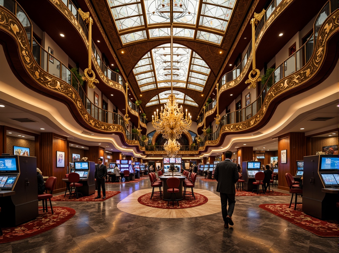 Prompt: Opulent casino, lavish decorations, intricate metalwork, ornate chandeliers, grand staircases, curved lines, organic forms, flowing patterns, luxurious fabrics, velvet drapes, golden accents, marble floors, rich wood paneling, stained glass ceilings, dramatic lighting, warm color palette, 3/4 composition, shallow depth of field, cinematic atmosphere, realistic textures, ambient occlusion.