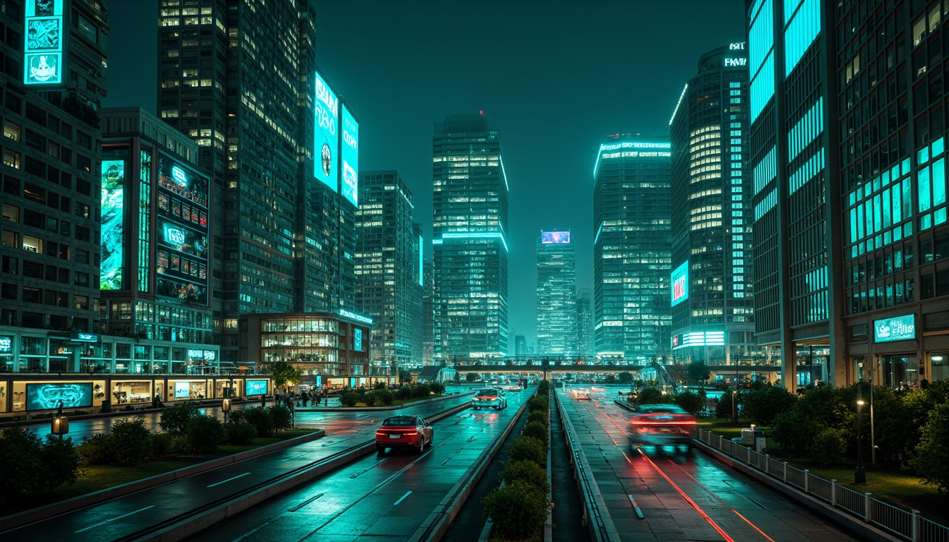 Prompt: Neon-lit cityscape, metallic skyscrapers, holographic advertisements, LED lights, fiber-optic cables, futuristic highways, high-tech laboratories, virtual reality interfaces, cyberpunk atmosphere, neon green accents, electric blue hues, metallic silver textures, glossy black surfaces, iridescent materials, 3D holographic projections, futuristic machinery, robotic arms, laser beams, neon-lit nightscapes, cinematic lighting, shallow depth of field, panoramic view, realistic reflections, ambient occlusion.