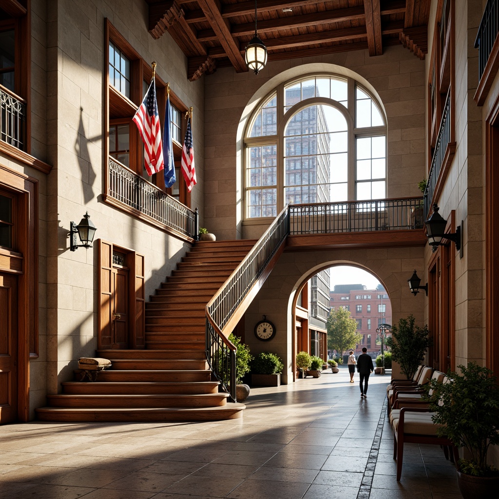 Prompt: Historic courthouse building, grand entrance staircase, ornate metal railings, polished granite floors, rich wood paneling, high ceilings, large windows, natural light, elegant chandeliers, intricate moldings, classical columns, rusticated stone walls, monumental clock towers, vibrant American flags, sunny day, soft warm lighting, shallow depth of field, 3/4 composition, panoramic view, realistic textures, ambient occlusion.