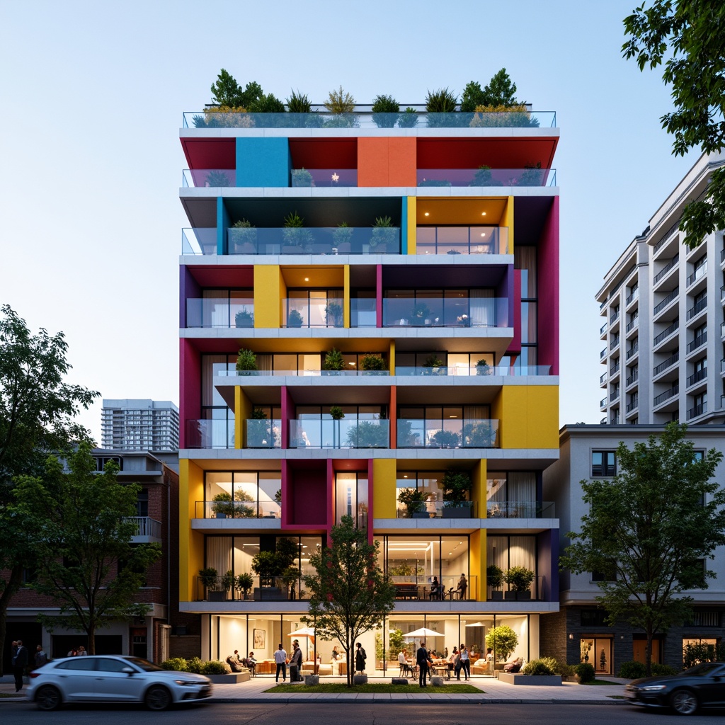 Prompt: Vibrant residential facade, bold color blocking, irregular shape formations, dynamic angular lines, futuristic material combinations, translucent glass panels, LED light installations, cantilevered balconies, suspended planters, urban landscape views, morning sunlight, soft gradient shadows, 1/1 composition, dramatic contrast, realistic reflections, ambient occlusion, experimental structural systems, innovative insulation solutions, sustainable energy harvesting, vertical green walls, abstract geometric patterns.