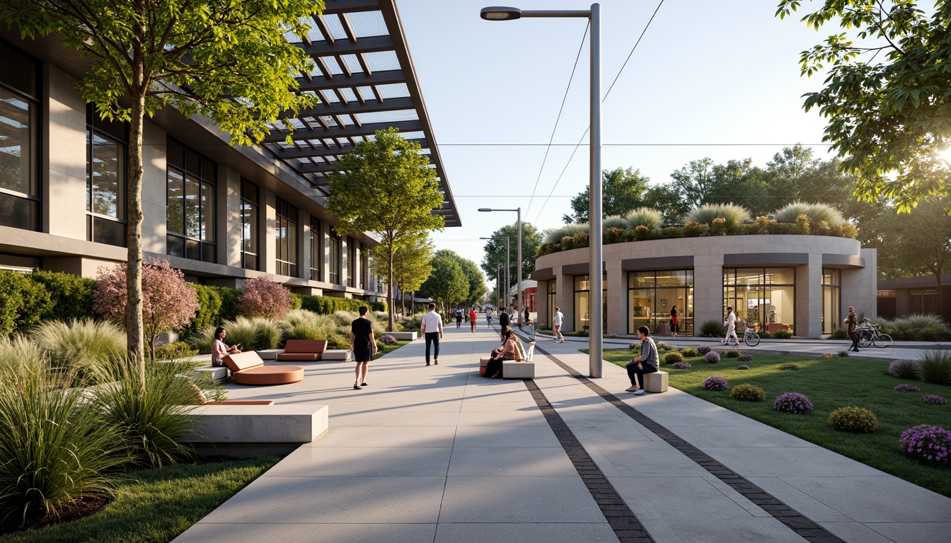 Prompt: Vibrant tram station, urban landscape integration, green roofs, living walls, natural stone facades, modern architecture, curved lines, large windows, glass canopies, LED lighting, urban furniture, public art installations, pedestrianized zones, bicycle lanes, tree-lined walkways, sunny day, soft warm lighting, shallow depth of field, 3/4 composition, panoramic view, realistic textures, ambient occlusion.