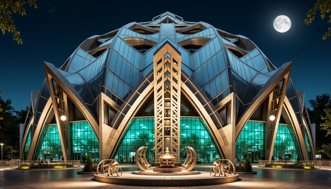 Prompt: Geometric planetarium dome, metallic cladding, polished chrome accents, ornate Art Deco patterns, bold geometric shapes, vibrant turquoise glass tiles, luxurious golden details, futuristic astronomy instruments, starry night sky, soft moonlight, shallow depth of field, 1/1 composition, symmetrical view, realistic reflections, ambient occlusion.