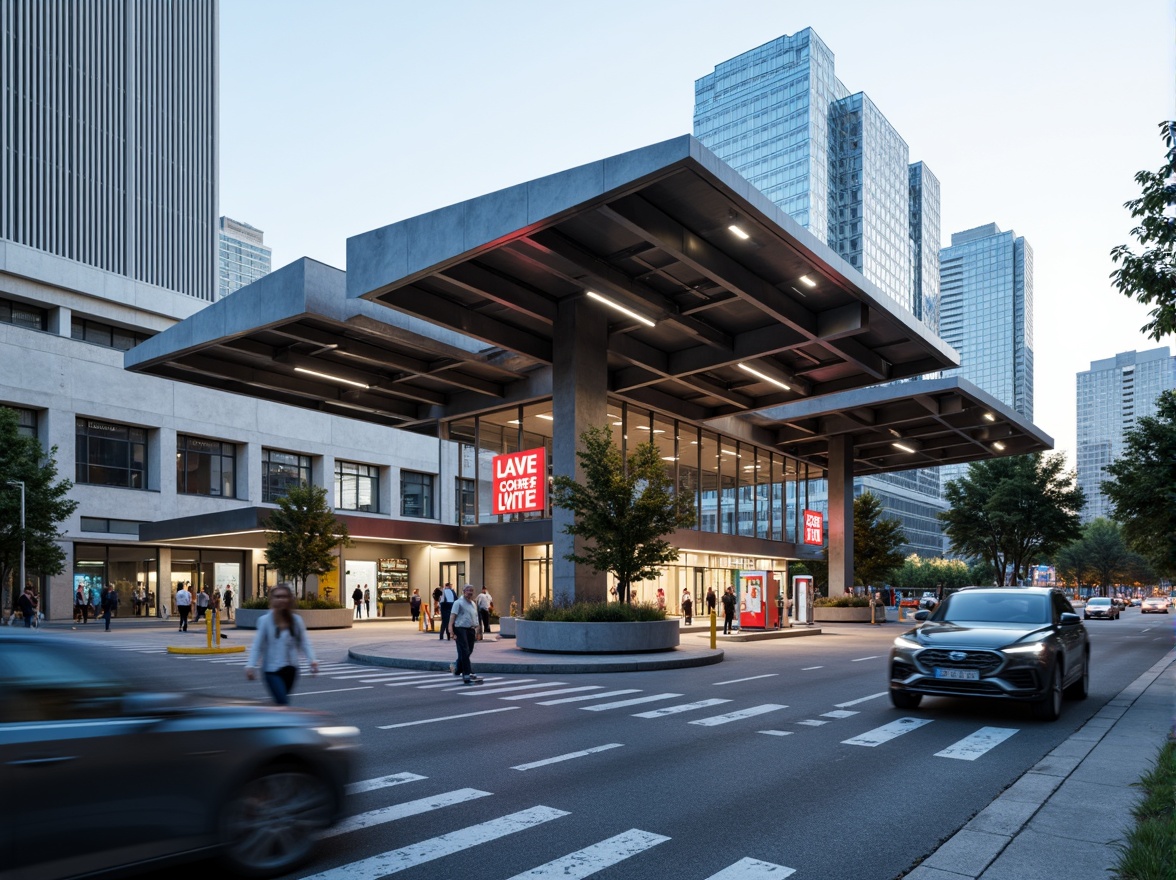 Prompt: Futuristic gas station, sleek metal canopies, durable concrete foundations, geometric shapes, minimalist design, industrial aesthetic, functional architecture, steel beams, reinforced glass walls, bold color schemes, neon signage, modernist typography, urban landscape, busy streets, daytime scene, soft diffused lighting, shallow depth of field, 1/2 composition, realistic textures, ambient occlusion.