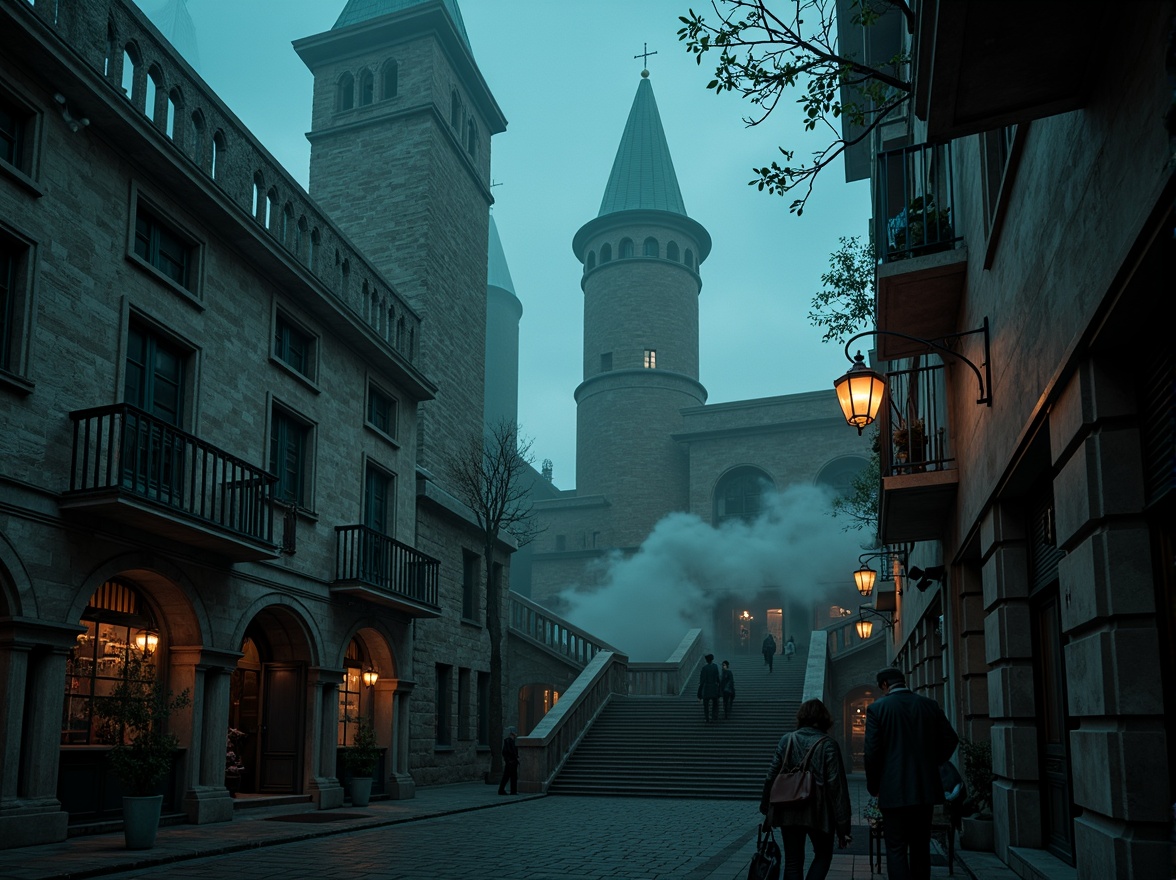 Prompt: Dramatic towers, mystical fog, twinkling stars, winding stone staircases, ornate ironwork, Gothic arches, stained glass windows, intricate carvings, mysterious lanterns, eerie moonlight, soft misty atmosphere, cinematic composition, low-key lighting, atmospheric perspective, vintage textures, detailed architectural ornaments, nostalgic tone, melancholic ambiance.