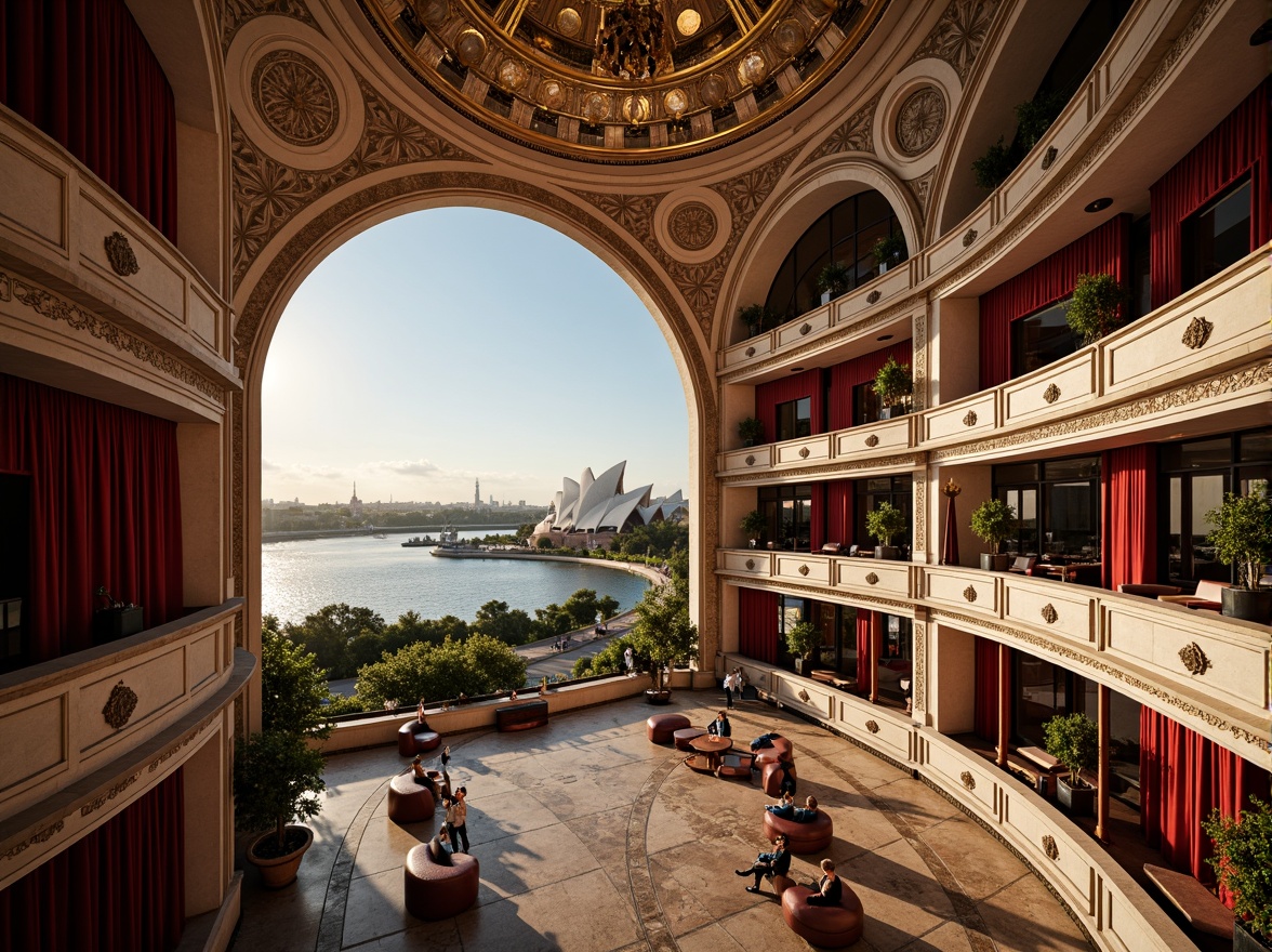 Prompt: Grand opera house, sweeping curved lines, majestic domes, ornate details, lavish interiors, red velvet curtains, golden chandeliers, marble floors, grand staircases, scenic balconies, lush green roofs, rooftop gardens, Sydney Harbour views, water reflections, sunny afternoon light, soft warm glow, shallow depth of field, 1/2 composition, symmetrical framing, realistic textures, ambient occlusion.