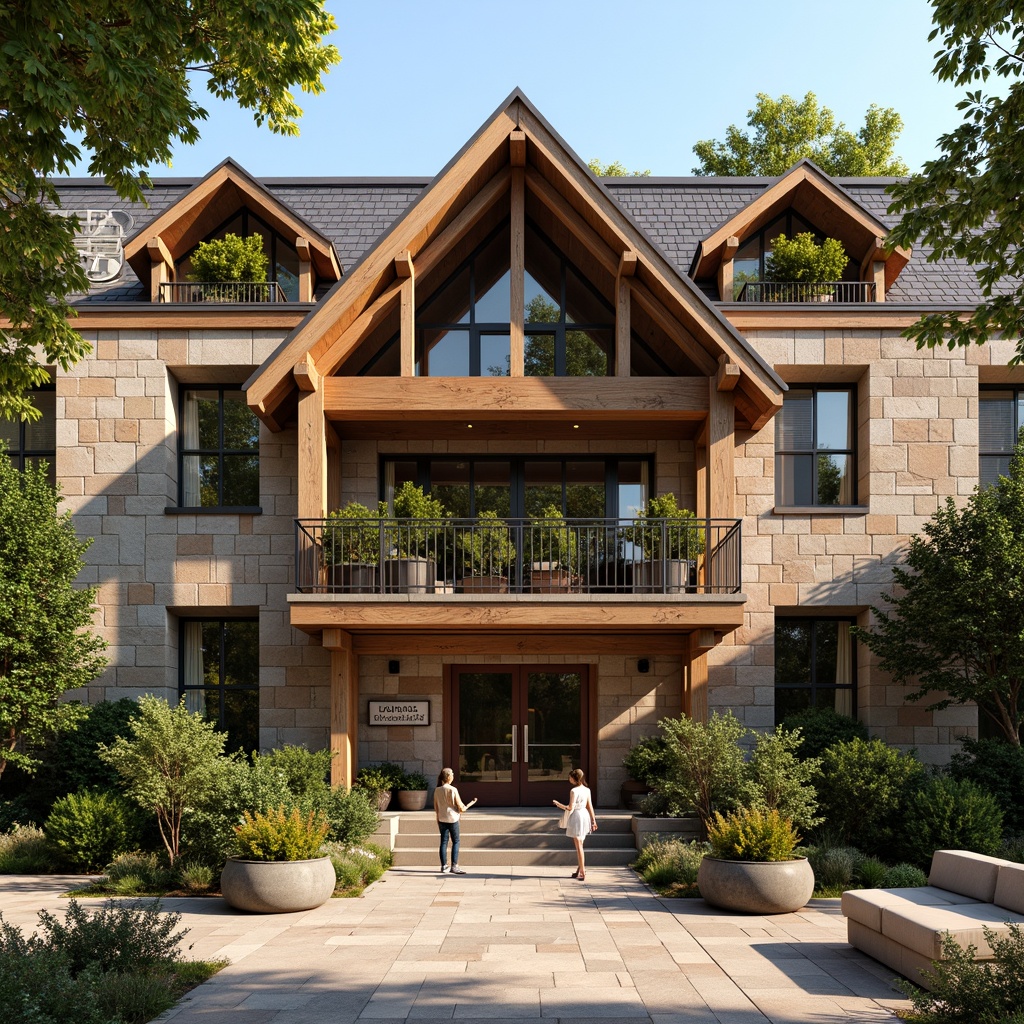 Prompt: Rustic gymnasium facade, regionalism-inspired architecture, earthy tone brick walls, wooden accents, sloping roofs, asymmetrical composition, natural stone cladding, vibrant greenery, overflowing planters, educational signage, ornate metal railings, traditional window frames, warm sunny day, soft diffused lighting, shallow depth of field, 1/1 composition, realistic textures, ambient occlusion.