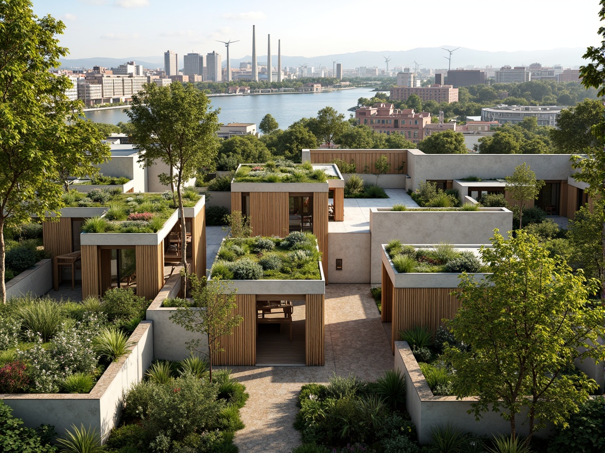 Prompt: Eco-friendly buildings, green roofs, living walls, recycled materials, natural ventilation systems, solar panels, wind turbines, rainwater harvesting, organic farming, permaculture design, edible landscapes, sustainable urban planning, zero-waste policy, minimal carbon footprint, renewable energy sources, bamboo structures, reclaimed wood accents, earthy color palette, soft natural lighting, 1/1 composition, symmetrical architecture, serene atmosphere, realistic textures, ambient occlusion.