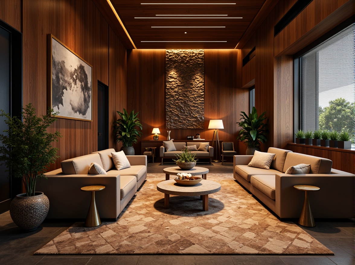 Prompt: Cozy luxury hotel lobby, rich wood paneling, plush area rugs, velvet sofas, metallic accents, warm ambient lighting, natural stone flooring, geometric patterned walls, minimalist decor, tropical plants, subtle scent of essential oils, soft background music, 1/2 composition, shallow depth of field, realistic textures, ambient occlusion.