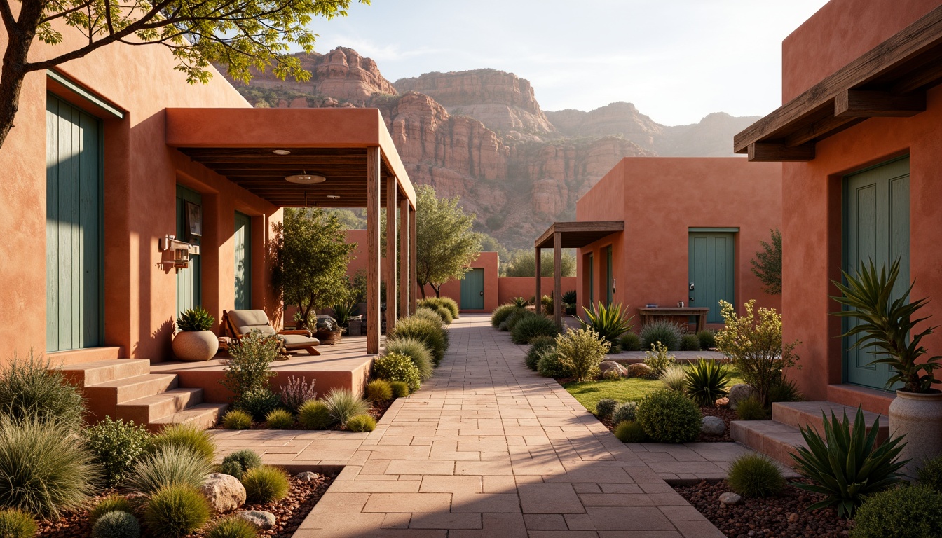 Prompt: Warm terracotta buildings, rustic stone walls, earthy red canyons, soft sandy dunes, vintage distressed wood accents, faded turquoise doors, weathered copper roofs, moss-covered pathways, lush greenery, blooming cacti, misty morning light, warm golden hour, cinematic depth of field, 1/2 composition, symmetrical framing, nostalgic film grain, realistic textures, ambient occlusion.