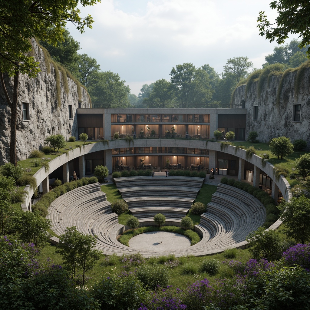 Prompt: Rugged amphitheater, brutalist architecture, raw concrete structures, tiered seating, lush greenery integration, wildflower meadows, natural stone walls, weathered wood accents, dramatic slope changes, angular retaining walls, industrial lighting fixtures, warm ambient glow, misty atmospheric effects, 3/4 composition, shallow depth of field, panoramic view, realistic textures, ambient occlusion.