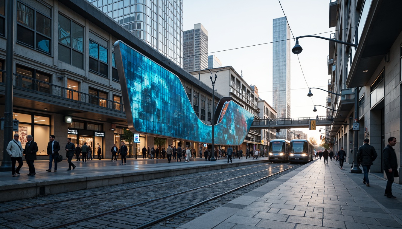 Prompt: Modern tram station, sleek glass facade, dynamic LED lighting, futuristic curves, cantilevered roofs, stainless steel beams, urban cityscape, busy street scene, morning rush hour, soft natural light, shallow depth of field, 1/2 composition, symmetrical architecture, geometric patterns, abstract textures, ambient occlusion.