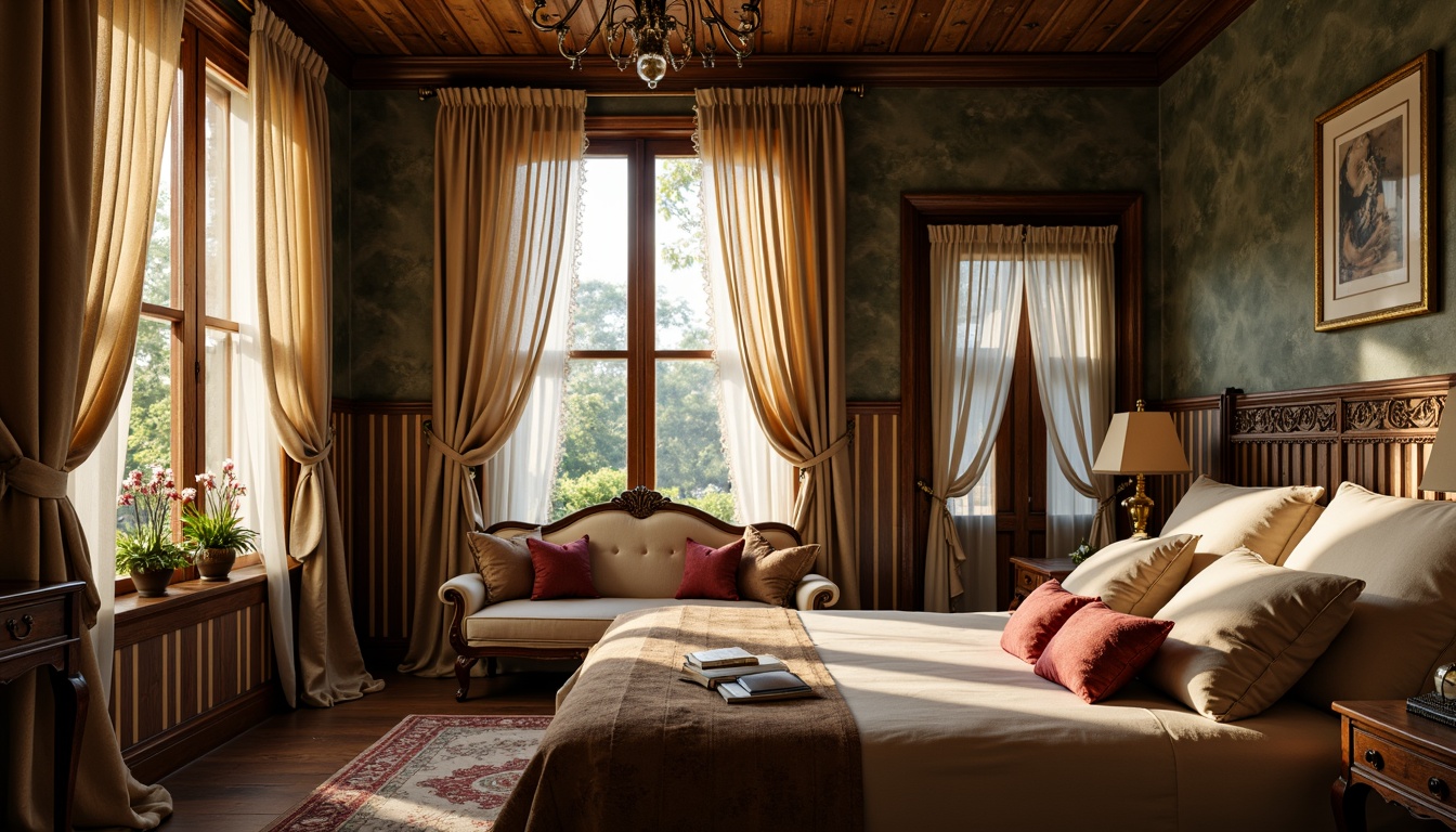 Prompt: Whimsical bedroom, soft warm lighting, delicate lace curtains, flowing silk drapes, ornate wooden shutters, vintage metalwork, distressed finishes, rustic charm, cozy reading nook, plush velvet pillows, rich jewel-toned walls, elegant chandelier, dramatic floor-to-ceiling windows, sheer fabrics, billowy folds, romantic ambiance, intimate atmosphere, warm golden hues, 1/2 composition, shallow depth of field, realistic textures, ambient occlusion.