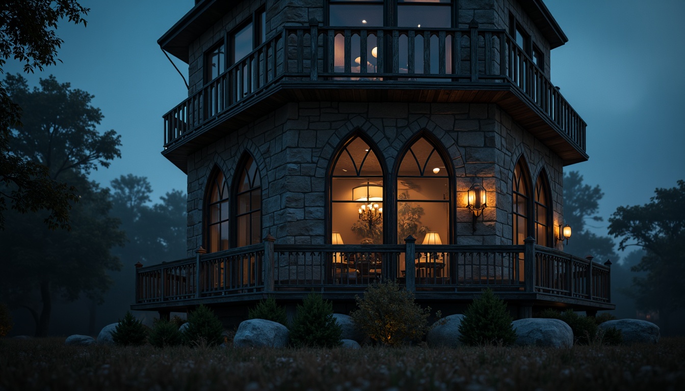 Prompt: Twilight-lit watchtower, rugged stone walls, weathered wooden accents, majestic Gothic arches, ornate ironwork, mystical lanterns, misty atmosphere, eerie silence, mysterious shadows, dramatic spotlighting, high-angle shot, cinematic composition, realistic textures, ambient occlusion.