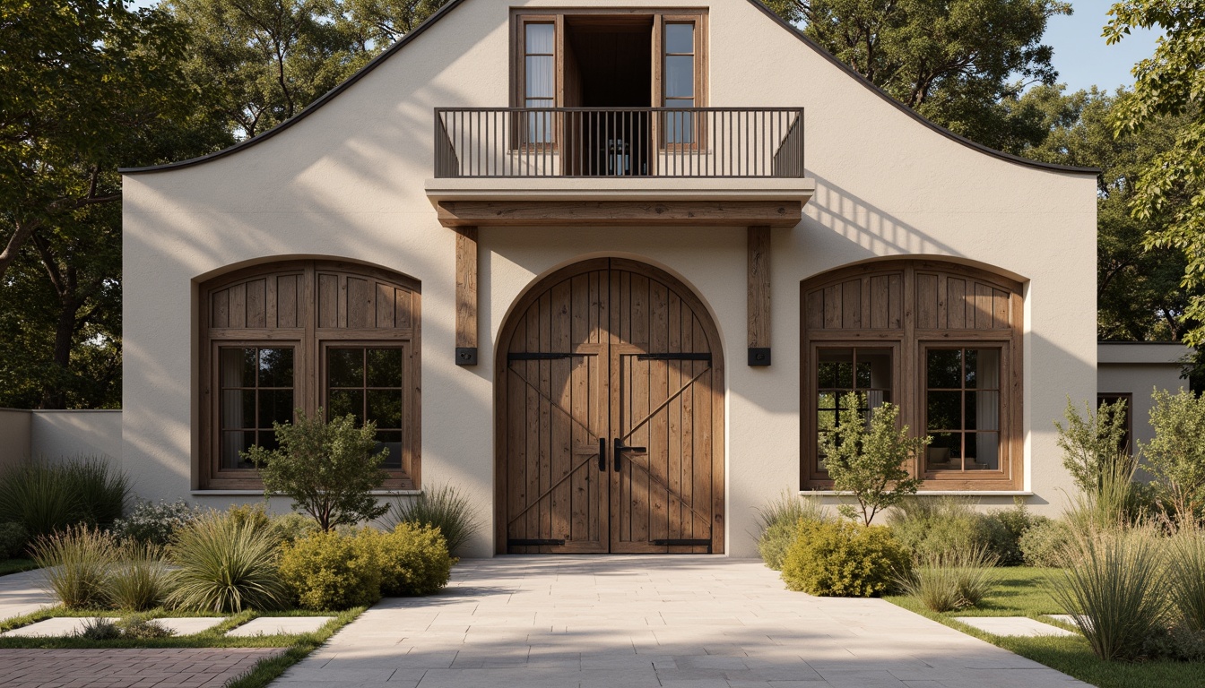 Prompt: Rustic barn, neoclassical facade, distressed wood textures, ornate metal accents, grand entrance gates, symmetrical composition, balanced proportions, classic columns, arched windows, subtle stucco details, earthy color palette, warm beige tones, soft natural lighting, gentle shadows, 1/1 composition, medium depth of field, realistic renderings.