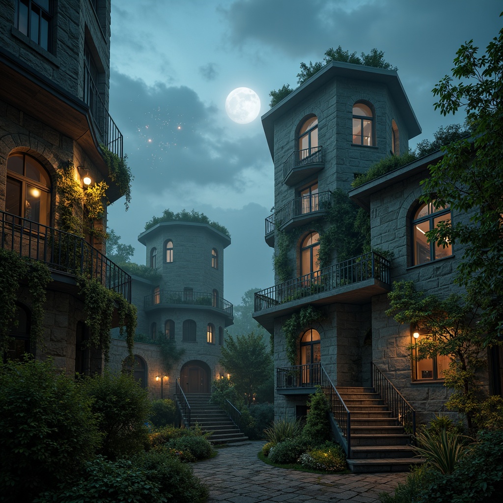 Prompt: Rustic stone towers, ivy-clad walls, mystical foggy atmosphere, dreamy moonlight, twinkling stars, winding staircases, ornate ironwork, Gothic arches, intricate stonework, moss-covered roofs, overgrown vegetation, crumbling ruins, nostalgic lanterns, soft warm lighting, shallow depth of field, 1/1 composition, cinematic view, detailed textures, ambient occlusion.