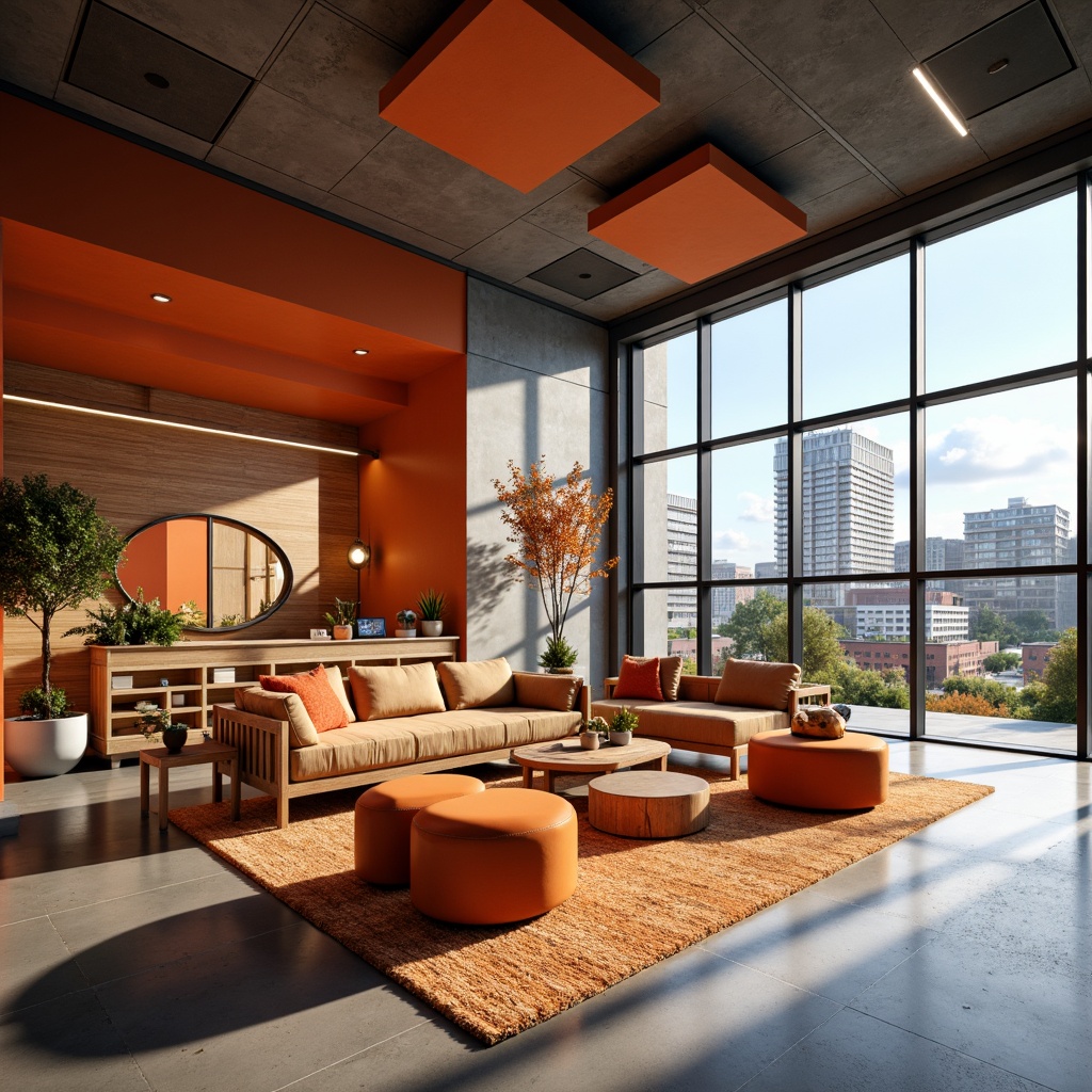 Prompt: Warm persimmon accents, modern office buildings, sleek glass facades, minimalist decor, industrial chic furniture, polished concrete floors, reclaimed wood walls, vibrant orange hues, earthy tone color scheme, natural light pouring in, floor-to-ceiling windows, geometric patterns, 3D textures, softbox lighting, shallow depth of field, 1/2 composition, realistic reflections, ambient occlusion.