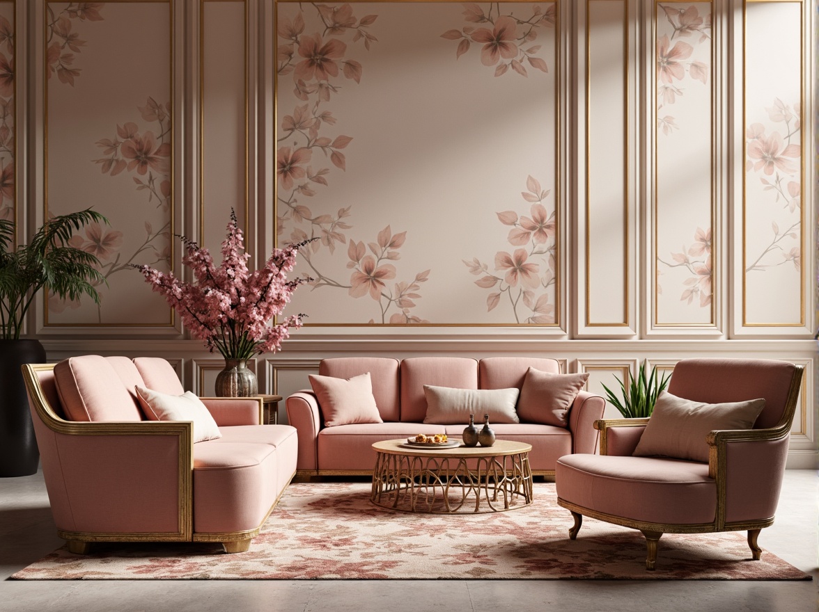 Prompt: Elegant orchid-inspired color palette, soft pastel hues, delicate petals, refined floral patterns, subtle gradient effects, cream accents, luxurious velvet textures, ornate gold details, sophisticated interior design, opulent furnishings, lavish decor, warm ambient lighting, dramatic shadows, 3/4 composition, shallow depth of field, realistic renderings.