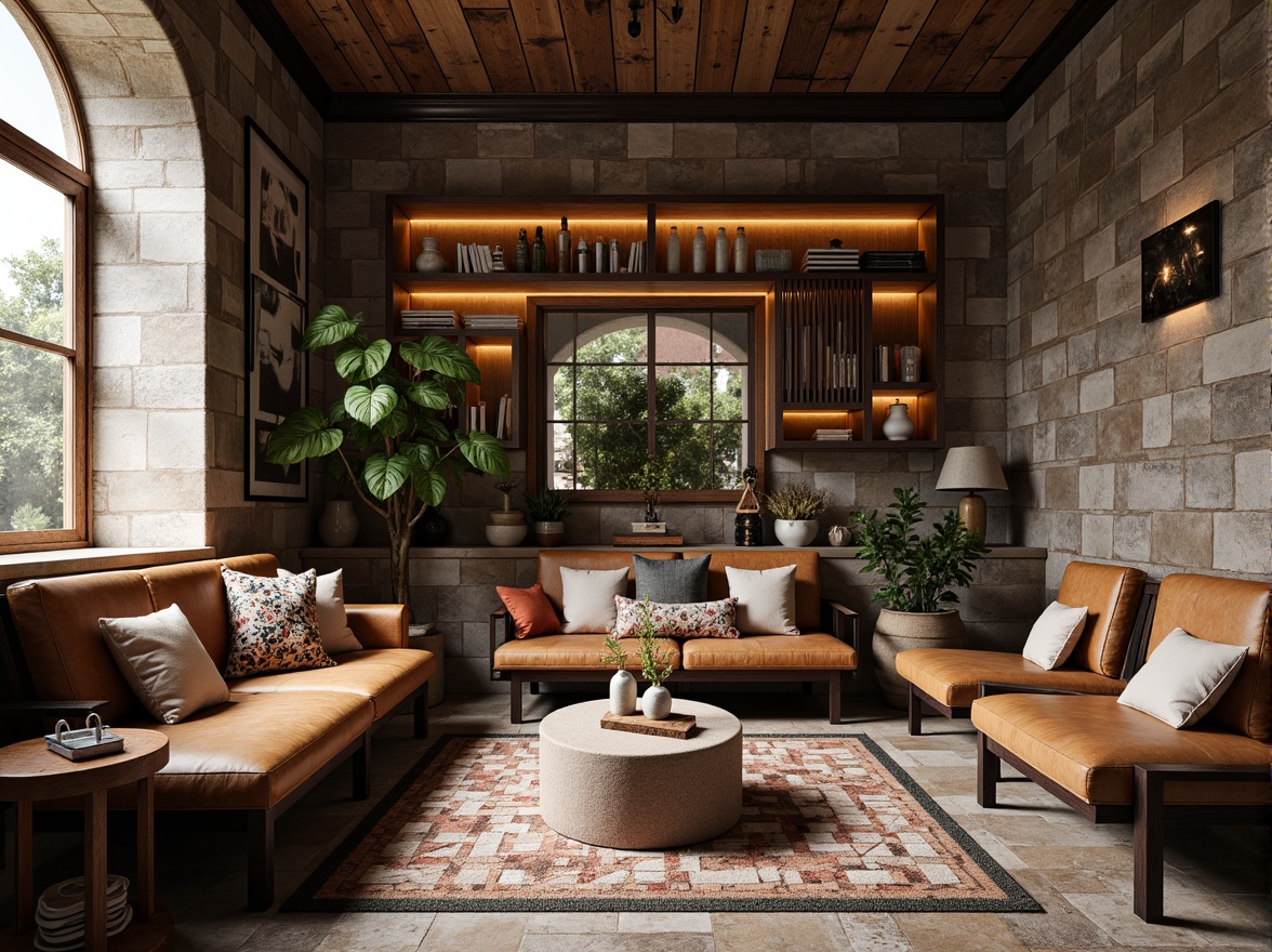 Prompt: Rustic stone walls, weathered wooden planks, metallic mesh panels, rough-hewn concrete floors, ornate tile mosaics, distressed leather upholstery, reclaimed wood accents, natural fiber textiles, earthy color palette, organic shapes, irregular forms, subtle gradient effects, realistic normal mapping, detailed bump mapping, ambient occlusion, soft warm lighting, 3/4 composition, shallow depth of field.