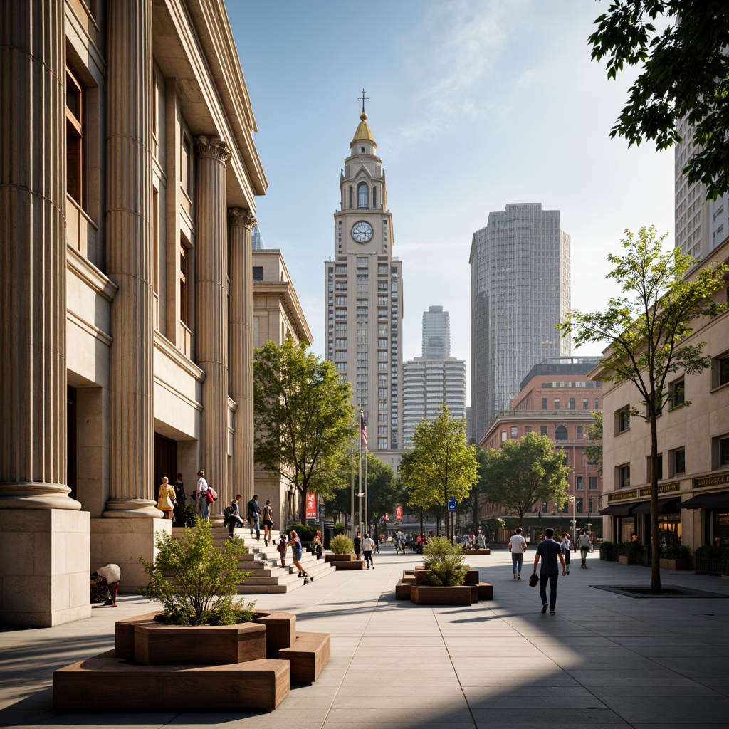 Prompt: Grand courthouse, neoclassical architecture, imposing columns, ornate details, symmetrical facade, spacious atrium, natural light pouring in, elegant wooden benches, sophisticated marble flooring, majestic staircase, prominent clock tower, urban cityscape, bustling streets, vibrant street art, modern skyscrapers, blooming trees, sunny day, soft warm lighting, shallow depth of field, 3/4 composition, panoramic view, realistic textures, ambient occlusion.