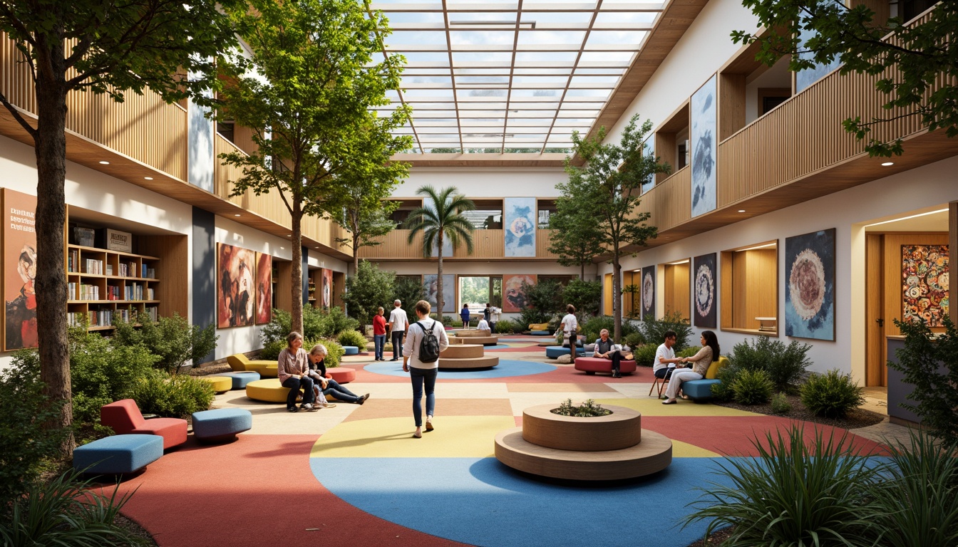 Prompt: Vibrant community center, inclusive public spaces, diverse cultural decorations, accessible ramps, Braille signage, natural wood accents, colorful textiles, communal tables, cozy reading nooks, abundant greenery, warm atmospheric lighting, shallow depth of field, 3/4 composition, panoramic view, realistic textures, ambient occlusion.