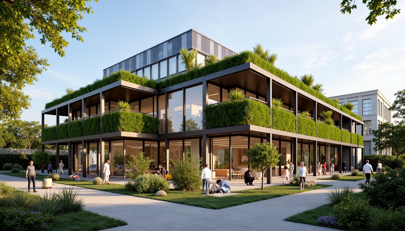 Prompt: Eco-friendly building, green roofs, solar panels, wind turbines, rainwater harvesting systems, recycled materials, low-carbon footprint, energy-efficient designs, natural ventilation systems, passive cooling techniques, sustainable urban planning, modern minimalist architecture, sleek metal frames, floor-to-ceiling windows, optimized shading devices, vibrant living walls, urban farming integration, community-based design, public art installations, educational signage, serene outdoor spaces, warm soft lighting, 3/4 composition, shallow depth of field, realistic textures.