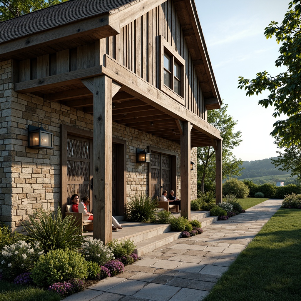 Prompt: Rustic barn, neoclassical fa\u00e7ade, stone walls, wooden beams, vintage lanterns, lush greenery, blooming flowers, meandering pathways, natural stone paving, ornate metal gates, distressed wood accents, soft warm lighting, shallow depth of field, 3/4 composition, panoramic view, realistic textures, ambient occlusion, serene countryside, rolling hills, distant trees, sunny afternoon, gentle breeze.