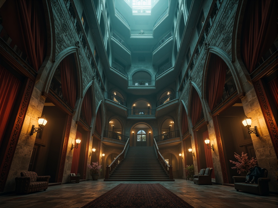 Prompt: Majestic Gothic towers, intricately carved stone walls, mystical lanterns, winding staircases, grandiose archways, ornate ironwork, lavish velvet drapes, regal throne-like seating, mysterious foggy atmosphere, dimly lit torches, warm golden lighting, dramatic shadows, 1/1 composition, symmetrical framing, low-angle shot, cinematic mood, nostalgic ambiance.