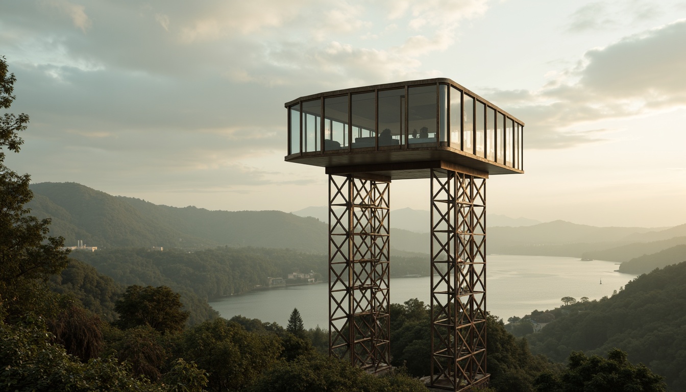 Prompt: Elegant watching tower, slender silhouette, modern minimalist design, metallic latticework, glass-enclosed observatory, 360-degree panoramic views, sleek angular lines, industrial chic aesthetic, rusty steel beams, reclaimed wood accents, earthy tones, misty atmospheric effects, soft warm lighting, shallow depth of field, 2/3 composition, cinematic framing, dramatic cloud formations, serene natural surroundings, rolling hills, dense forests, tranquil lakeside.