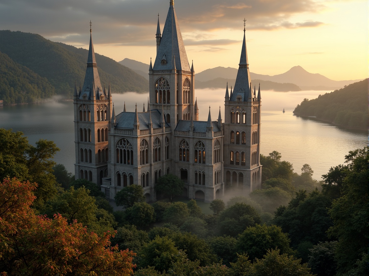 Prompt: Dramatic towers, ornate Gothic spires, mystical misty atmosphere, dreamy twilight hour, warm golden lighting, intricate stone carvings, stained glass windows, grandeur castle-like architecture, rolling hills, lush green forests, serene lakeside scenery, vibrant blooming flowers, soft focus, shallow depth of field, 1/2 composition, panoramic view, cinematic mood, dramatic shadows, mysterious ambiance.