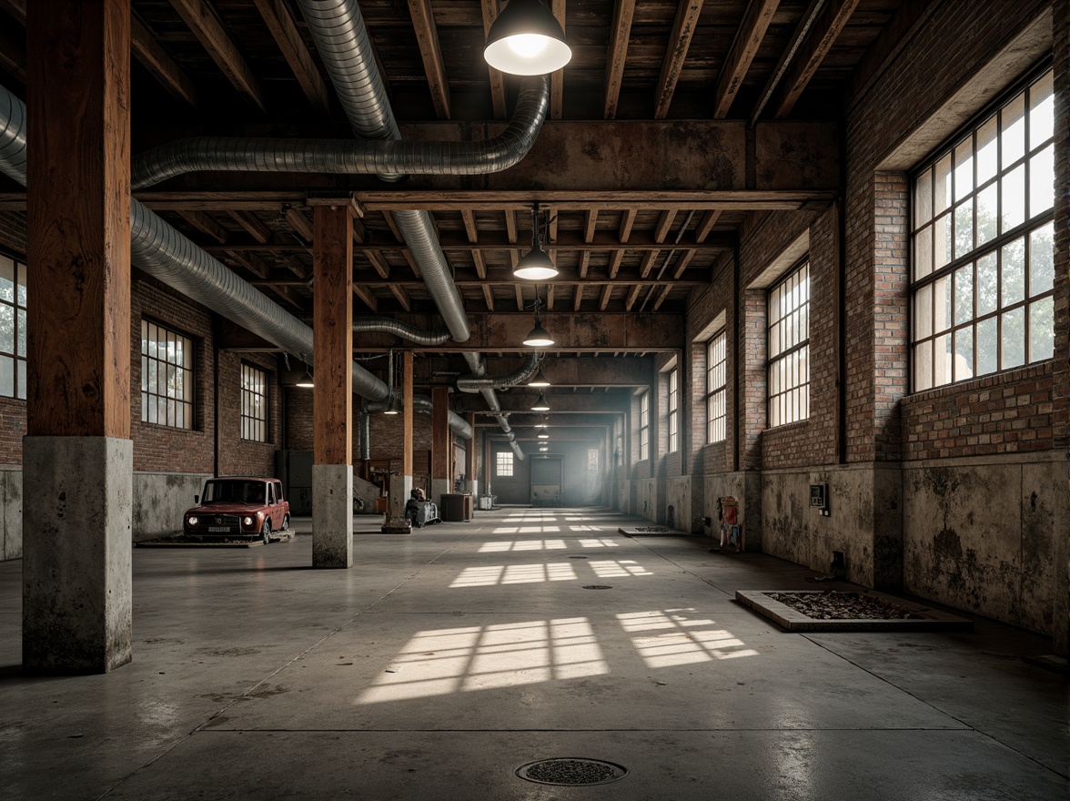 Prompt: Rustic industrial landscape, abandoned factories, distressed brick walls, metal beams, reclaimed wood accents, exposed ductwork, urban grittiness, converted warehouse spaces, modern minimalist aesthetic, functional raw materials, mechanical details, metallic textures, moody lighting, atmospheric fog, shallow depth of field, 1/1 composition, cinematic perspective, realistic wear and tear.