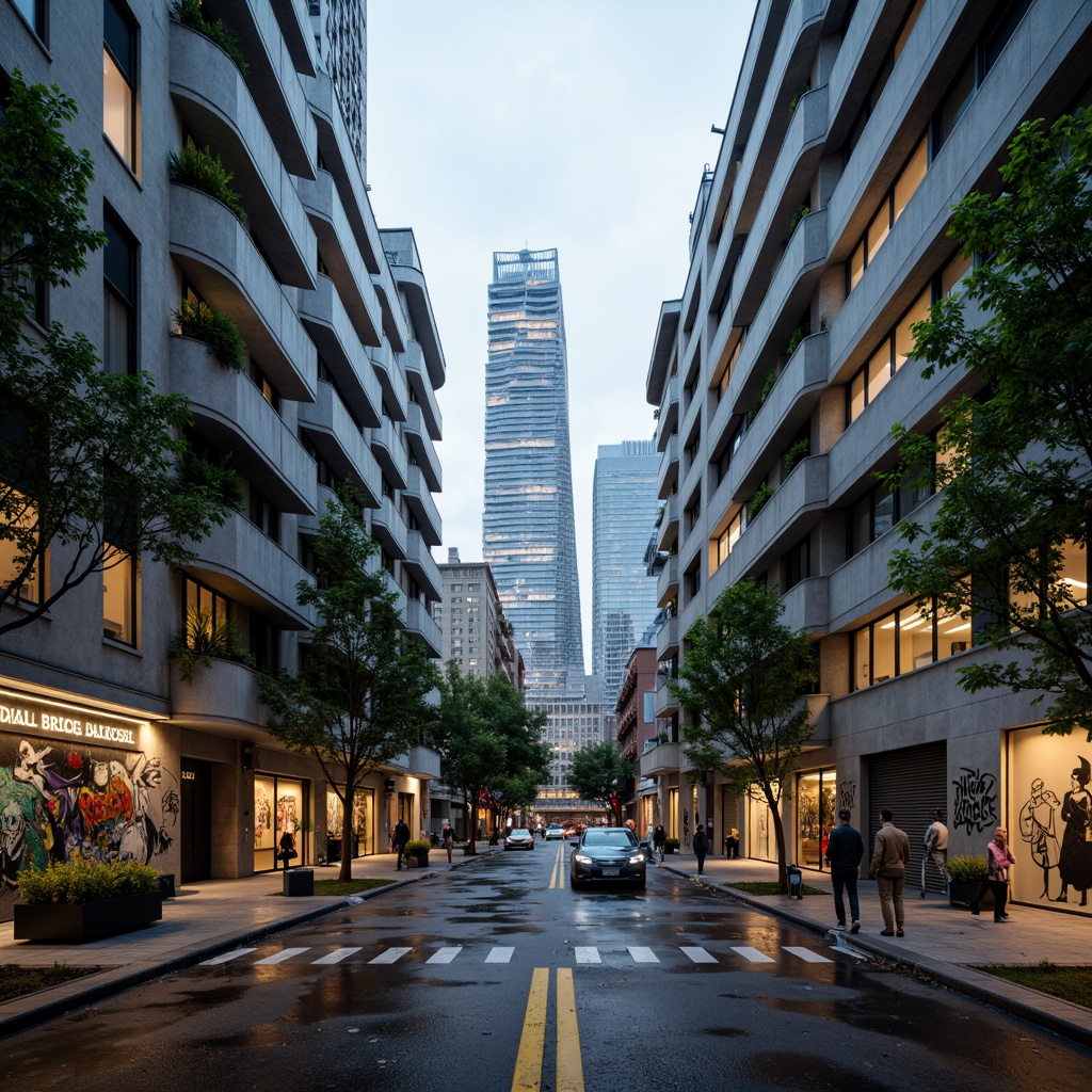 Prompt: Modern cityscape, sleek skyscrapers, metallic accents, neutral tones, grey concrete, silver steel beams, LED lighting, vibrant street art, bustling streets, urban jungle, tropical plants, industrial chic, distressed textures, graffiti walls, rainy day, dramatic shadows, high contrast, cinematic mood, 1/1 composition, low-angle shot, moody atmosphere.