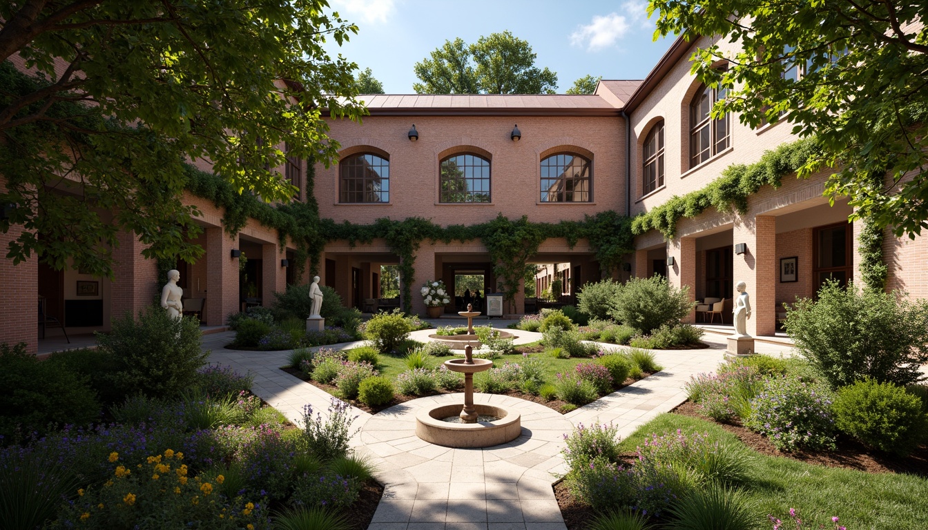 Prompt: Rustic school courtyard, lush greenery, vibrant flowers, meandering stone pathways, ornate fountains, classical statues, climbing ivy, brick archways, Romanesque-style buildings, tall columns, rounded doorways, stained glass windows, warm earth tones, soft natural lighting, shallow depth of field, 2/3 composition, scenic view, realistic textures, ambient occlusion.Let me know if this meets your expectations!